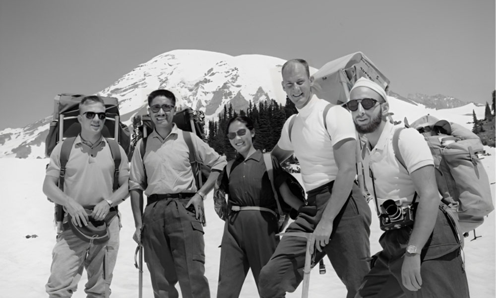 On Mt. Rainier Lute Jerstad, Tenzing Norgay, Tenzings traveling wife , Jim, Tom Hornbein, about 1965.
