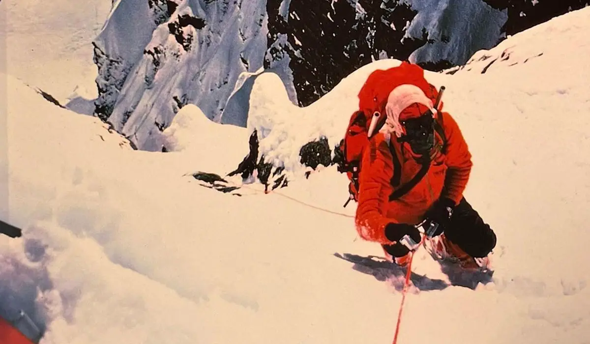 Mick Burke ascends to Camp VI on the south-west face during the 1975 English Expedition