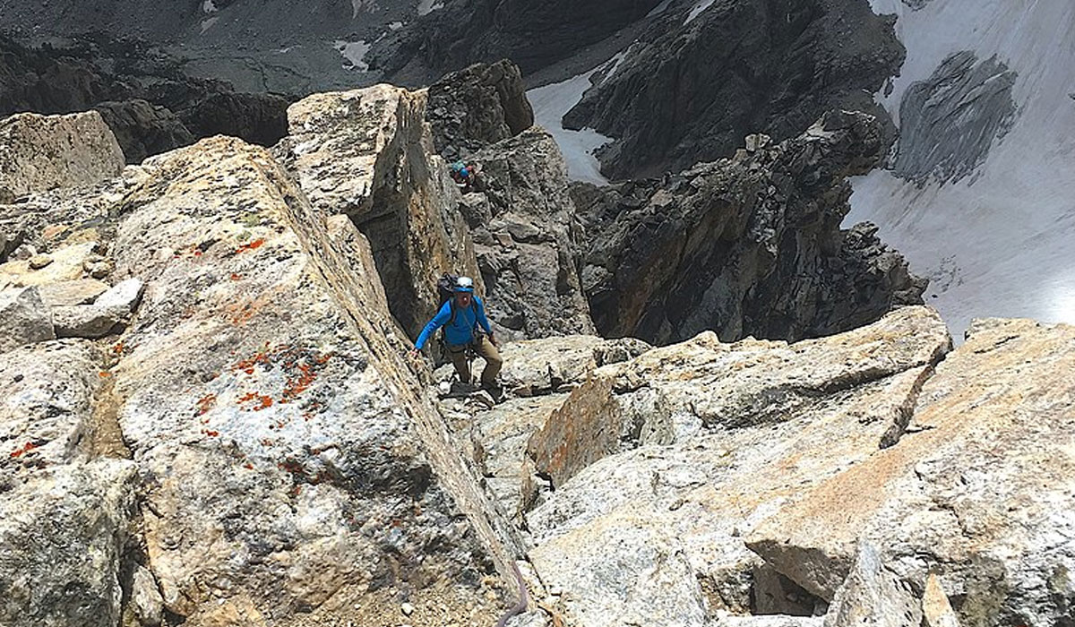 Lowe climbing the famous V Pitch on the Upper Exum Ridge of the Grand Teton in August 2019 for his 75th birthday.