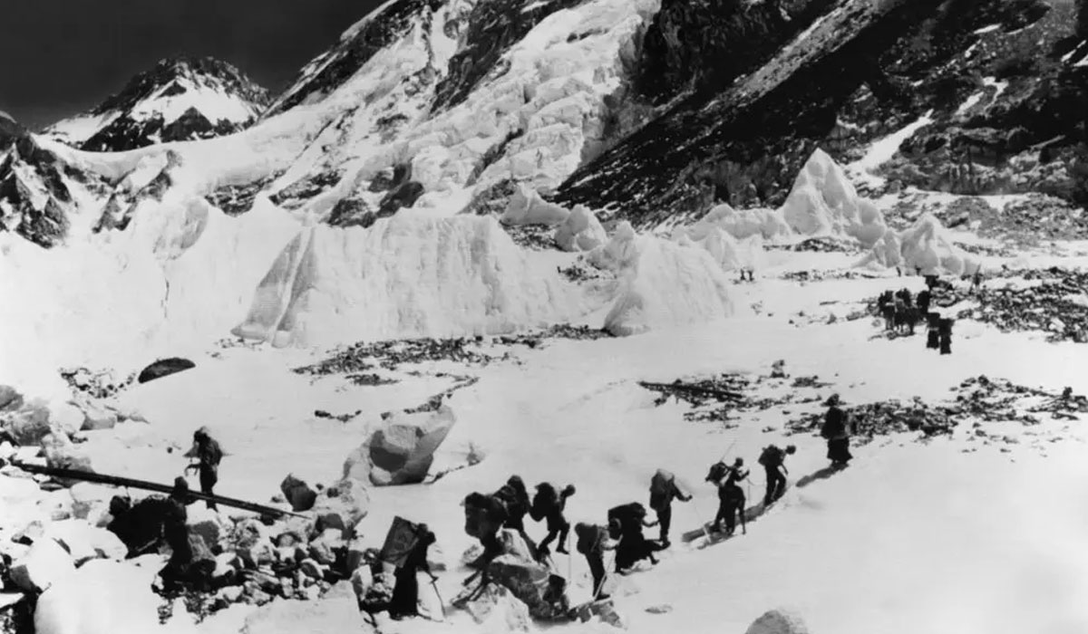 Members of Mr. Dyhenfurth’s team move across Khumbu Glacier, at an altitude of about 18,500 feet.